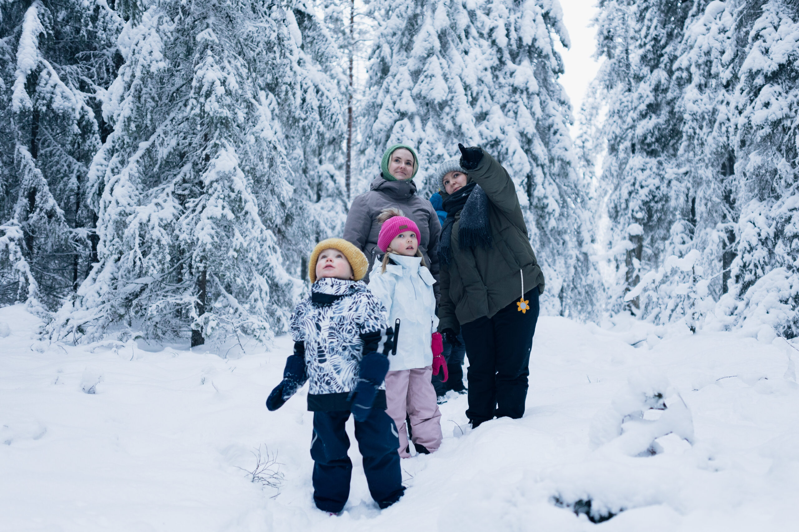 Familie i en snødekt vinterskog